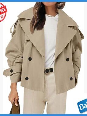 Cropped Trench Coat Double Breasted Windproof Jacket Loose Fit